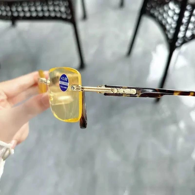 Новая Мода Высокое Разрешение Желтая Пленка Очки для Чтения Женские Мужские Премиум Защита от Синего Света Бескаркасные Очки с Огранкой Края