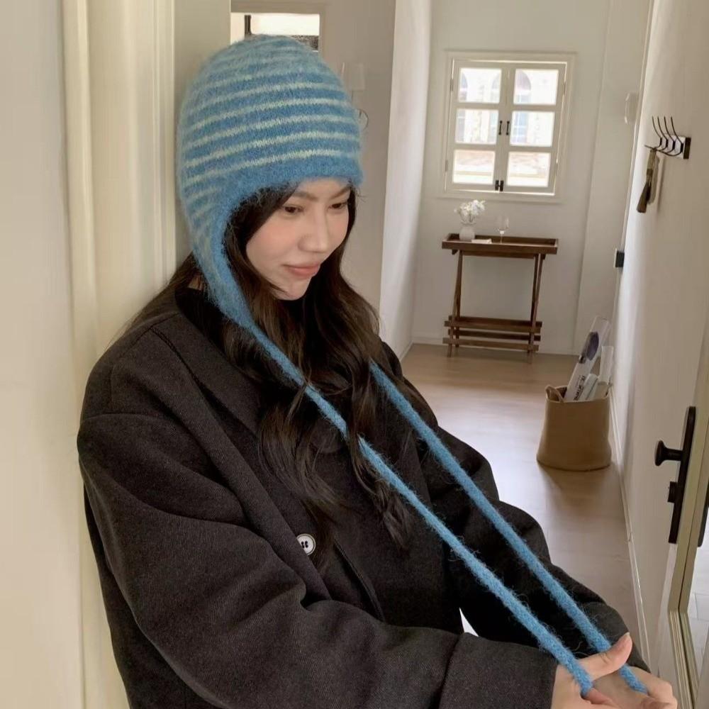 Striped Knitted Hat Windproof Baggy Beanie Hat Fashion Striped Balaclava for Outdoor Ski