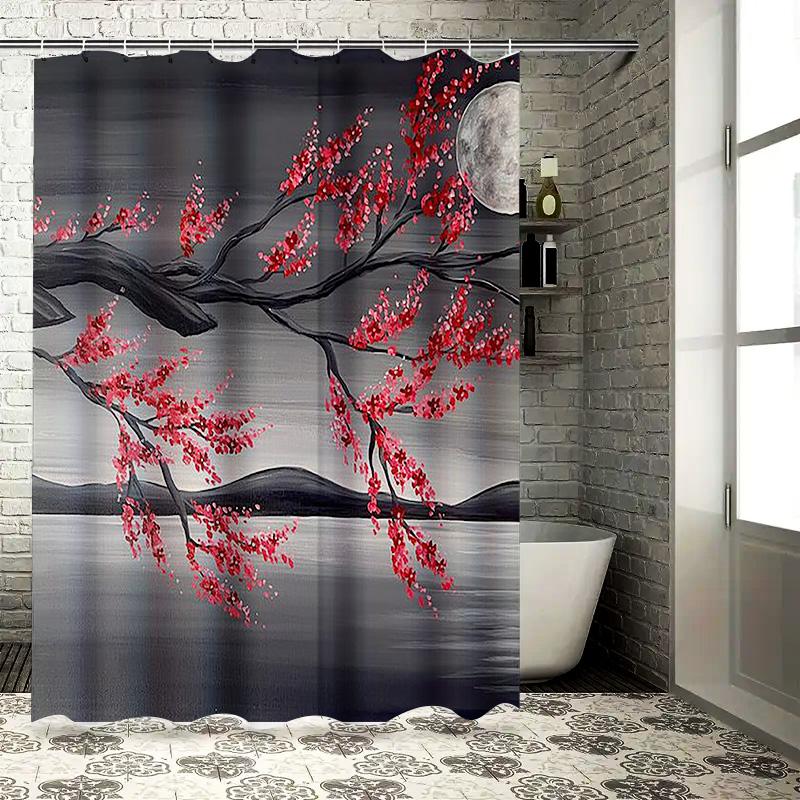 Red Blossoms and Moon Waterproof Shower Curtain Heat Resistant Machine Washable Non-Transparent 180x180cm
