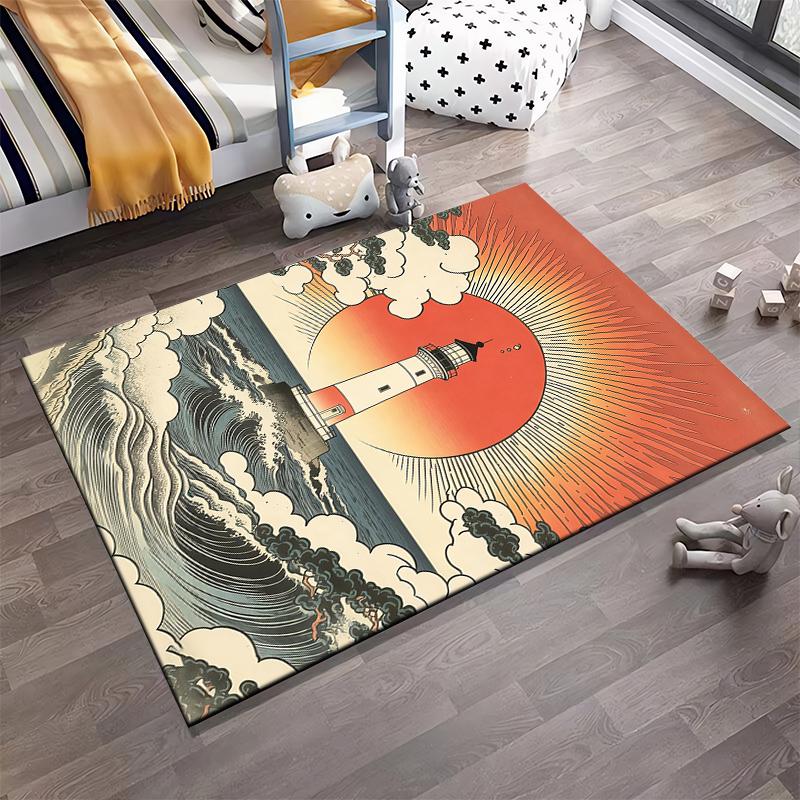 Lighthouse Sunrise Scene Carpet with Ocean Waves and Cloud Design Suitable for use as an anti-slip for living room bedroom sofas
