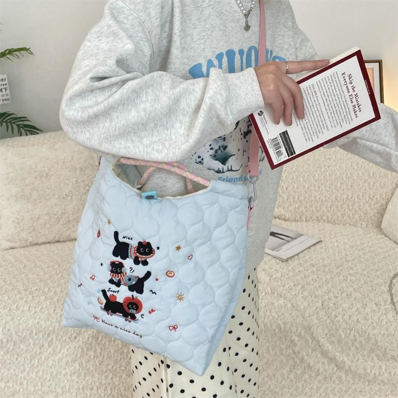 2 Зимняя вышитая милая сумка-тоут с черным котенком, большая вместимость, на плечо, сумка-мессенджер, стеганая стеганая хлопковая сумка-тоут