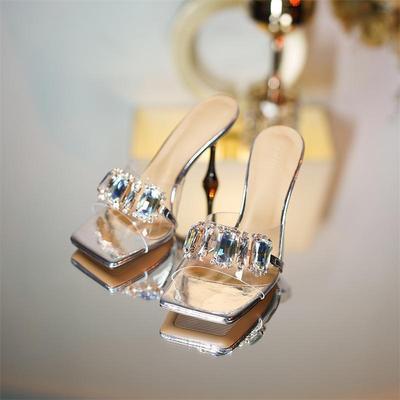 Женская обувь, новые шлепанцы на высоком каблуке с квадратным носком лето 2025, женские шлепанцы с кристаллами и стразами, на тонком каблуке, с открытым носком, для улицы