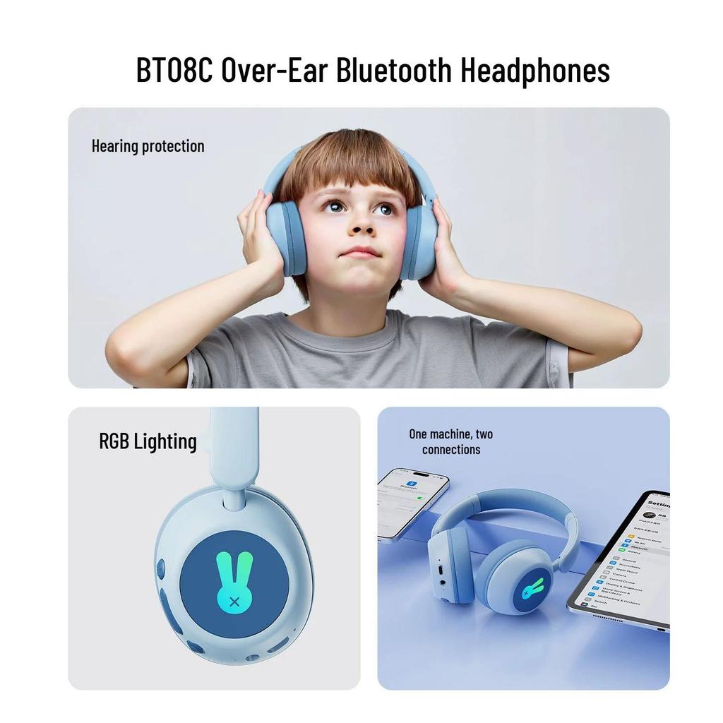 Детские беспроводные Bluetooth-наушники с оголовьем, защитой слуха и светящимися амбушюрами для длительного времени работы от аккумулятора