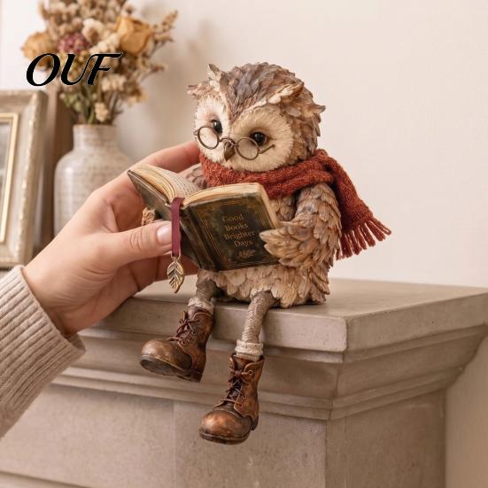Book Lover Gifts for Christmas Reading Owl Figurine, Creative Statue with Glasses Scarf Boots And Open Book, Small Resin Coffee Table Sculpture