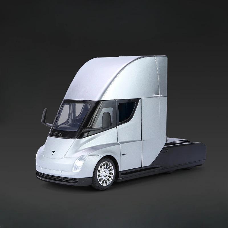 1/24 Tesla Semi Trailer Truck Alloy Diecast Car Model with Sound and Light Pull Back Truck Vehicle Model Boy Collection Gift