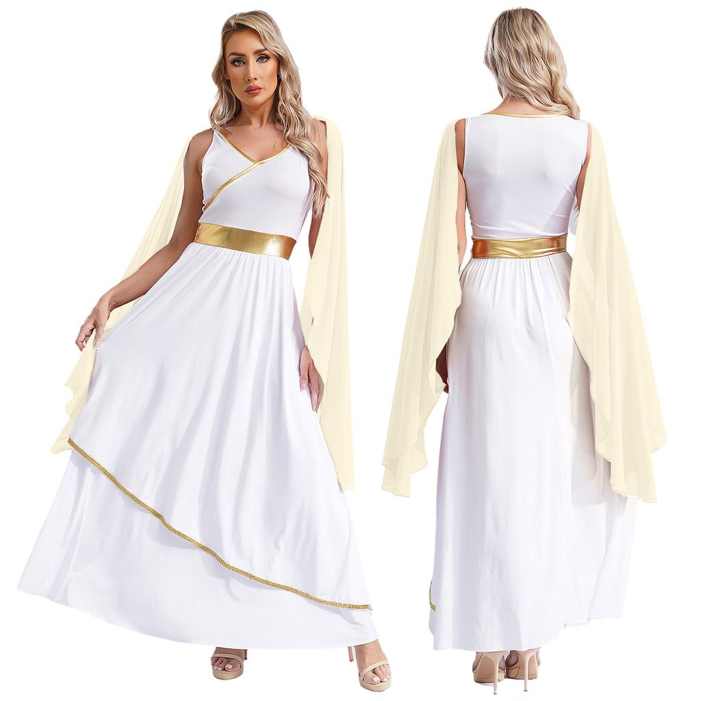 Women's Ancient Greek Roman Queen Costume Halloween Cosplay Gold Trims Toga Dress