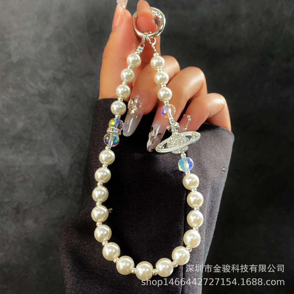 Инкрустированная бриллиантами жемчужная цепочка для телефона, креативный шнурок для телефона, брелок, ремешок против потери, модная короткая подвесная цепочка, оптом