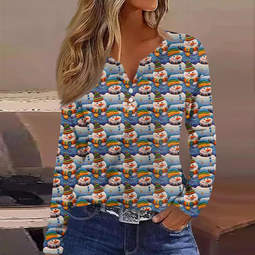 Women's Fashion Casual V-Neck Button-Up Long-Sleeve T-Shirt With Christmas Print Top