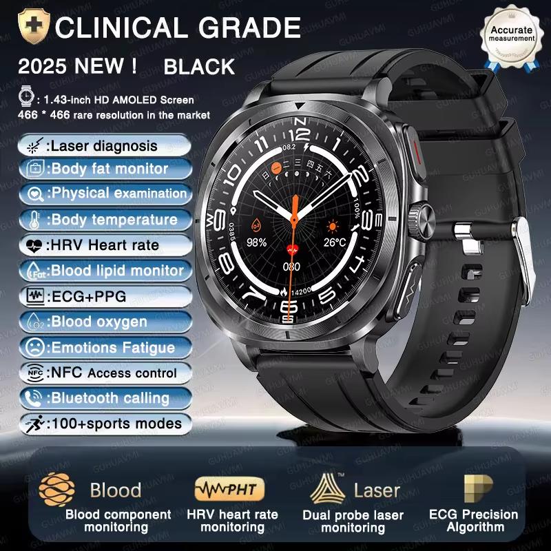 2025 New Accurate Measurement Uric Acid Blood Fat Blood Pressure Body Analysis Smart Watch ECG+PPG SmartWatch Men for IOS Android