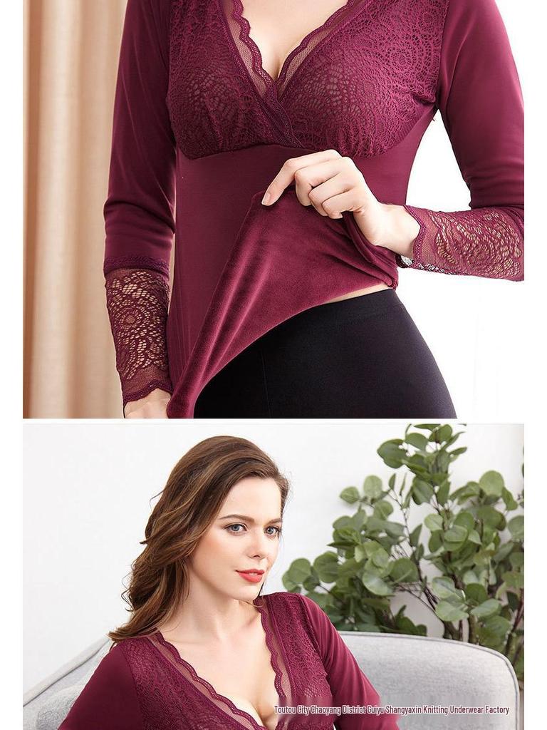 Топ в корейском стиле облегающего кроя с V-образным вырезом, на флисовой подкладке, тепловой, кружевной для женщин