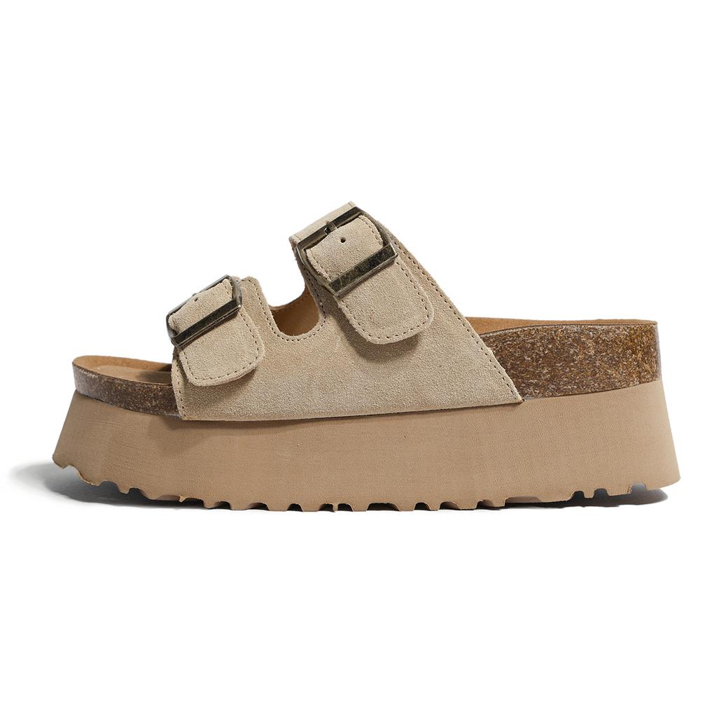 Модные летние женские тапочки на платформе из пробки 2024 года из коровьей замши с двумя пряжками на плоской подошве для женщин, сандалии в стиле ретро для сада, мюли, сабо