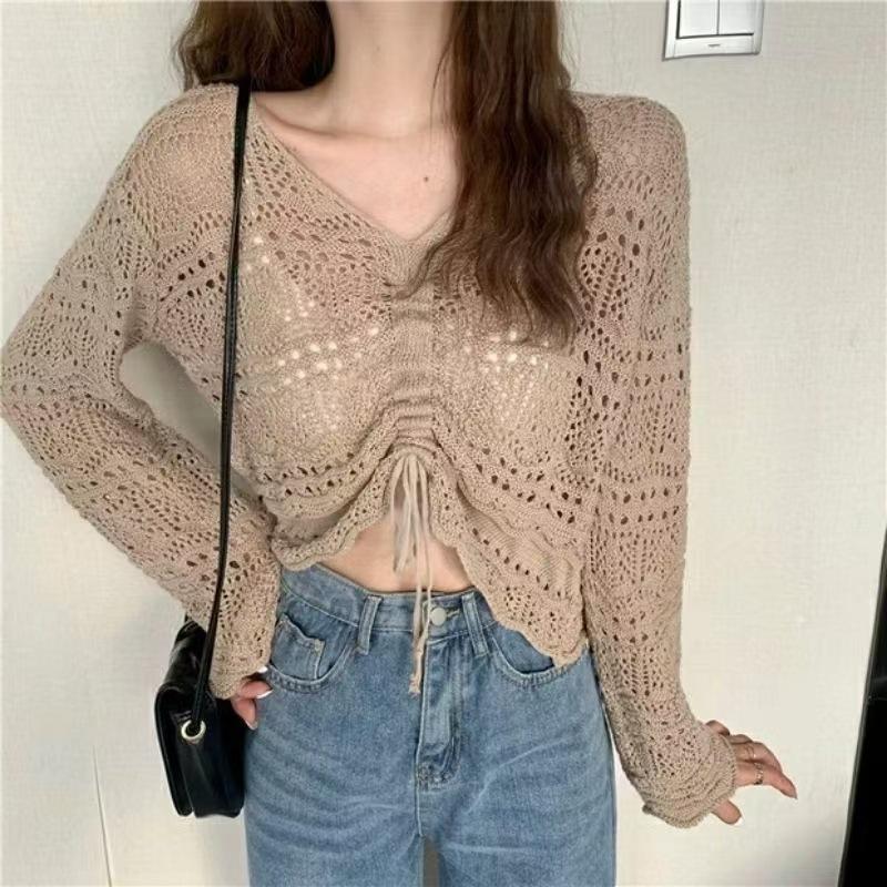 Chic Hollow Drawstring Knitted Sweater Women's Spring and Summer Small Sweet and Spicy Design Sense V-neck Lace-up Short Top