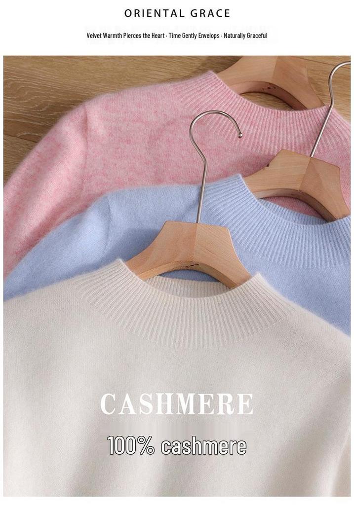 Women's Pure Cashmere Pullover - Half-High Collar, Loose Fit, Warm Autumn/Winter Knit Sweater.