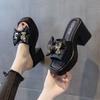 Bow New One-word Drag Thick Heel Women Thick Bottom Outer Wear Fashion Square Head Height Summer Fairy Wind Cool Slippers Tide