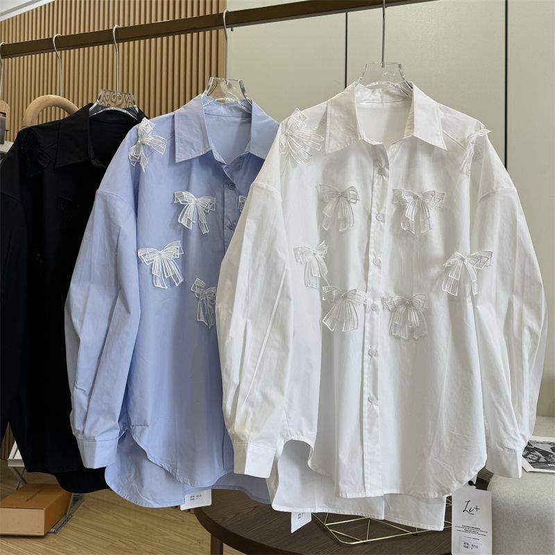 Women's 3D Lace Bow Shirts Solid Color Turn-down-collar Long Sleeved Spring Tops Loose Single Breasted Casual Blouses