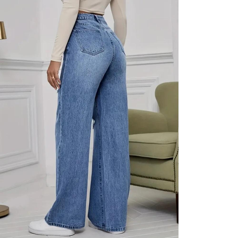 Women's Jeans Denim Pants Wide Leg Vintage Distressed Ripped Trousers 2026 Streetwear Washed Pockets Floor Length Hole Jeans