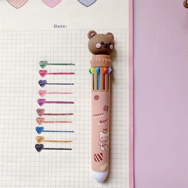 Шариковая ручка Cartoon Bear 10-в-1 с многоцветной кнопкой 0,5 мм для школьников, канцелярские принадлежности для записей