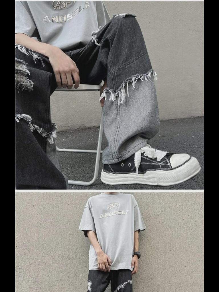 Men's Trendy Harajuku Tassel Jeans - Loose Fit, Raw Edge, Hip-Hop Style with Contrast Color Straight Pants