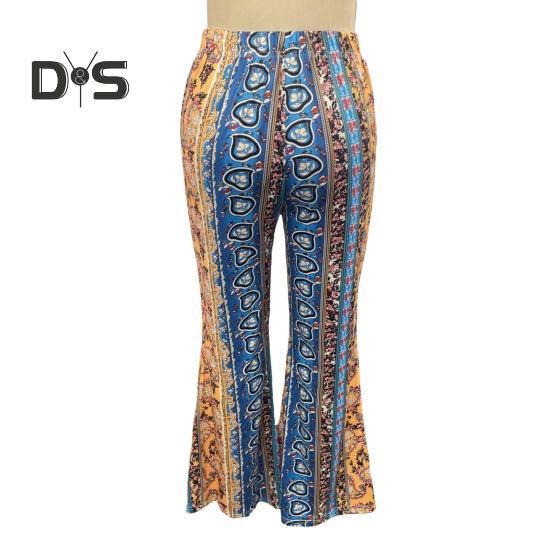 Женские брюки в этническом стиле с цветочным принтом, длинные расклешенные брюки в стиле ретро, ​​высокоэластичные сексуальные повседневные брюки, уличная одежда