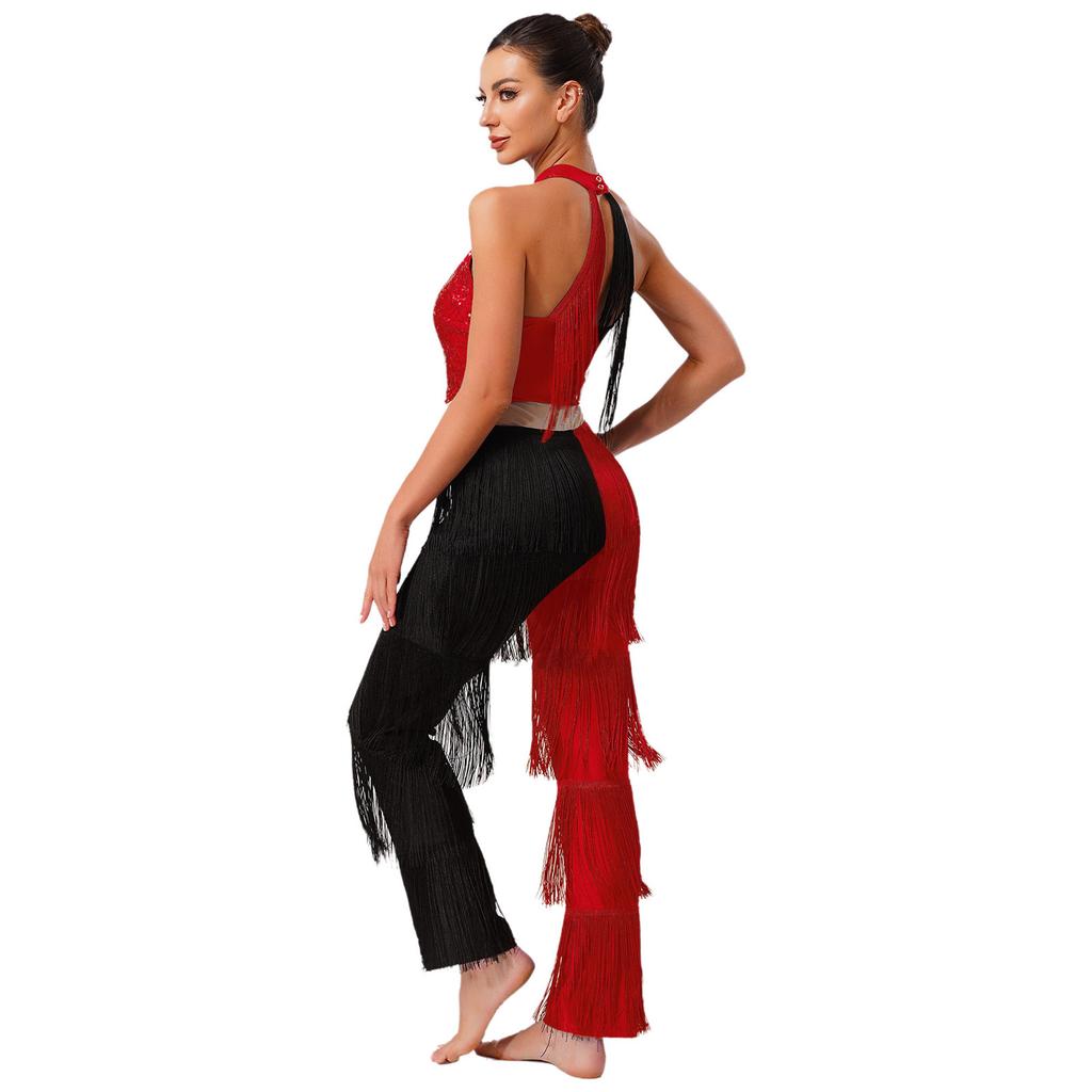 S-XXL Женский комбинезон для латиноамериканских танцев в стиле диско 70-х с пайетками и бахромой, контрастный по цвету, цельный