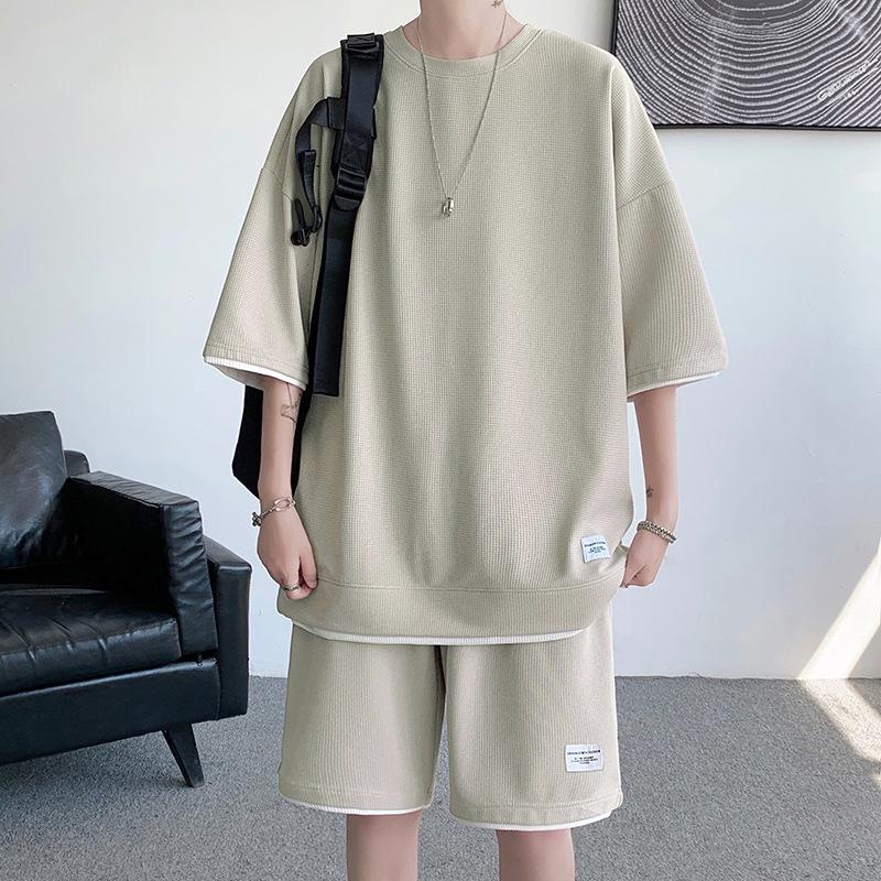 Костюм вафельный летний мужской с короткими рукавами футболка шорты тонкий