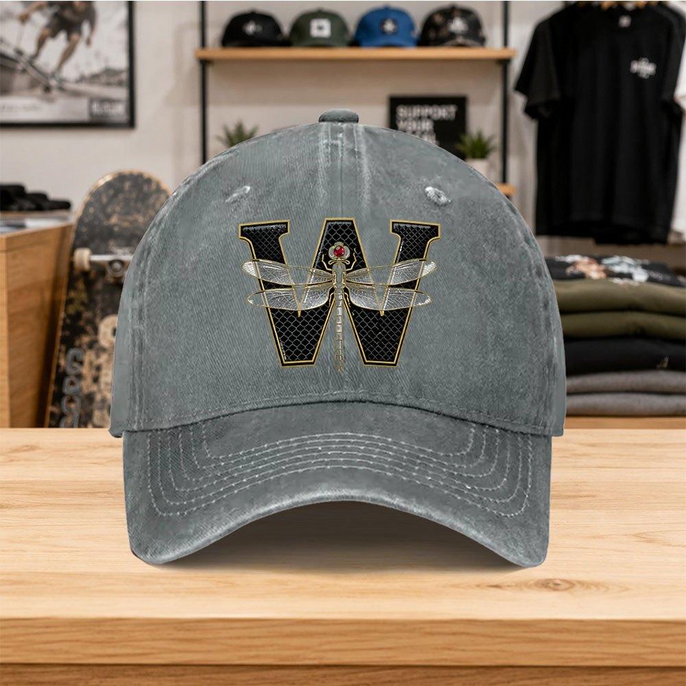 1pc Letter W Dragonfly Pattern Washed Baseball Cap Unisex Style Couple Essential Fashion Versatile Duckbill Hat Outdoor Sports C