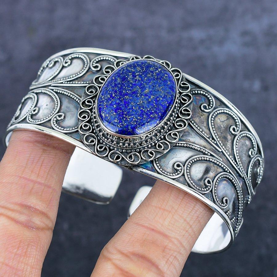 Лазурит Драгоценный камень Ручная работа 925 Стерлинговое серебро Манжета Браслет Регулируемый J3V54