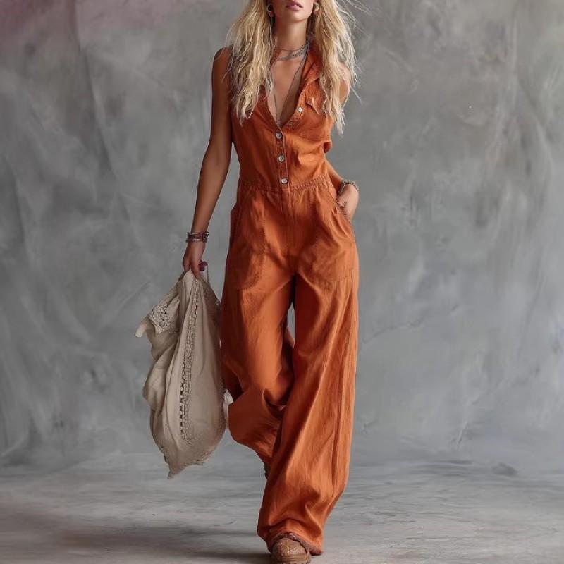 2026 Linen Blend Sleeveless V-Neck Jumpsuit High Waist Straight Leg Romper Women Casual Streetwear
