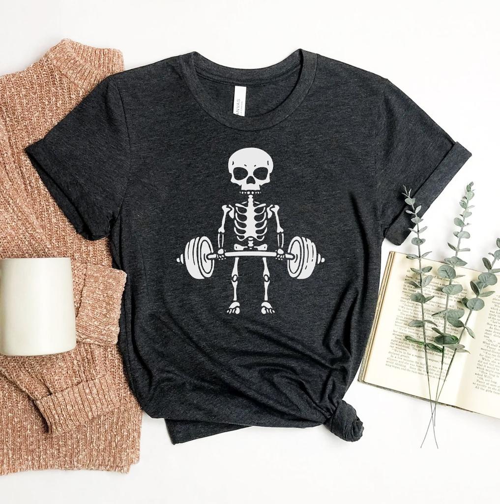 Deadlift Skeleton T-shirt, Halloween Shirt, Weight Lifting Top, Fitness Gift, Gym Shirt, Barbell Tee, Ghost T-shirt, Skeleton Tee, Women Top