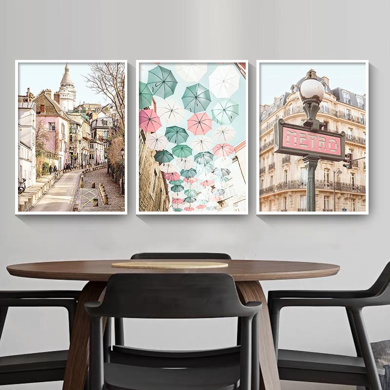 Nordic Posters And Prints Paris Small Town Pink Flower Car Umbrella Wall Art Canvas Painting Wall Pictures For Living Room Decor