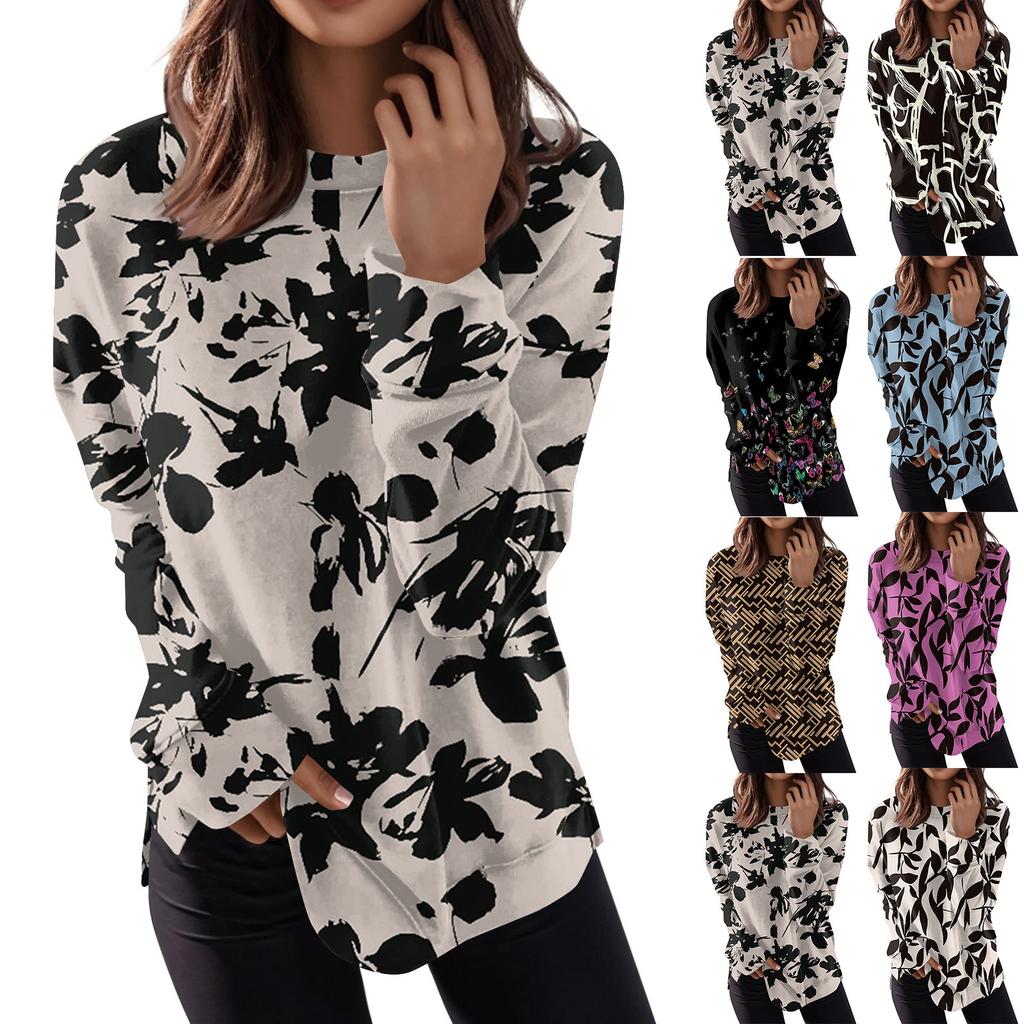 Women's Round Neck Tops Cotton Women's Casual Fashion Print Long Sleeve O-Neck Pullover Top Blouse