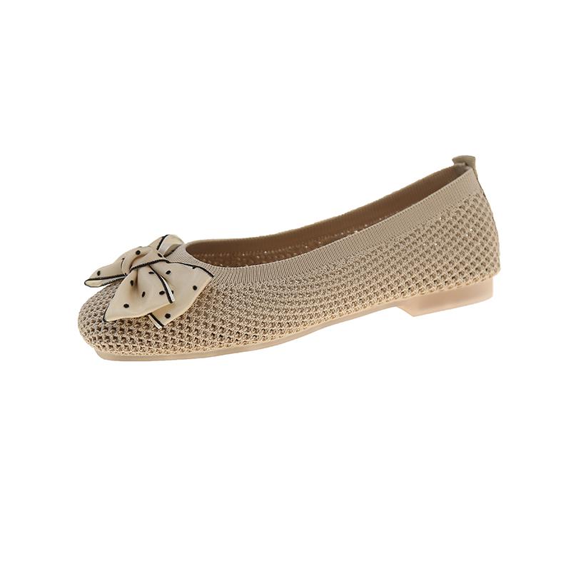 Милые Сладкие Балетки для Женщин Летние Повседневные Обувь без Шнурков с Круглым Носком для Женщин Однотонная Эластичная Ткань Бантик Повседневная Обувь