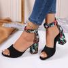 Fashion Fashion Women Black Flock Flower Color High Heels 2024 NEW Sandals Female Pumps Peep Toe Ankle Strap Platform Shoes 36-43