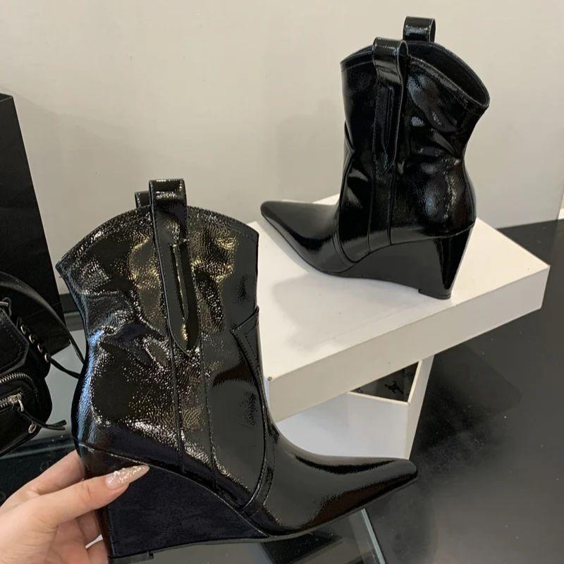 Коричневые туфли-клинья женские ботильоны Челси осенние с острым носком на высоком каблуке удобные женские ботильоны до щиколотки 8 см черные туфли