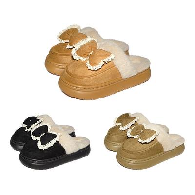 Зимние женские новые мохнатые тапочки с бантом, толстая подошва, баотоу, домашние, для помещения, противоскользящие, хлопковые тапочки