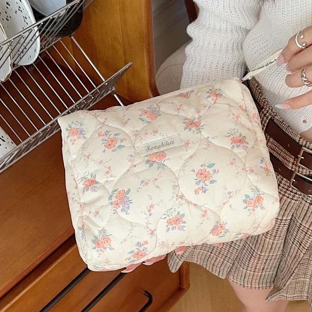Cute Pink Women's Cosmetic Bag Make Up Case Quilted Cotton Travel Storage Bags Portable Wash Bag Clutch Purse Handbags Mommy Bag