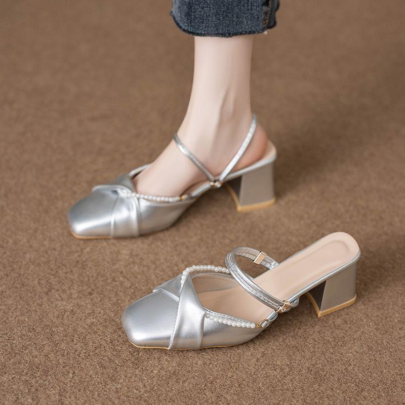Fashion Versatile One-pedal Bag Head Half Slippers Women's French Elegance with Skirt Square Head Sandals 2025 Summer and Autumn New