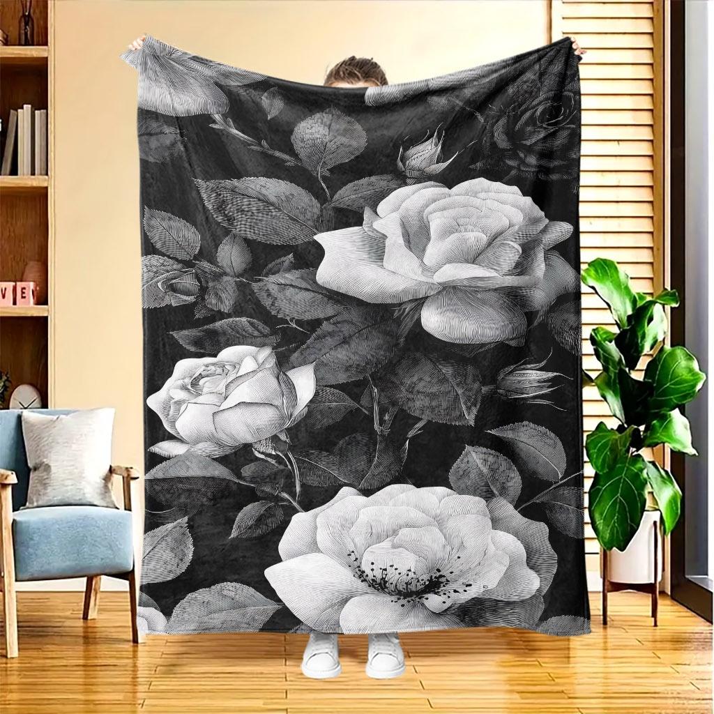 A Black And White Rose Patterned Flannel Blanket, Featuring High-Definition Digital Printing, Suitable for All Seasons, Cooling Blanket, Made of 100%