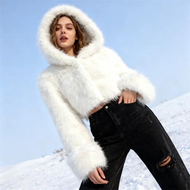 Womens Faux Fur Hooded Jacket White Short Winter Coat Street Style