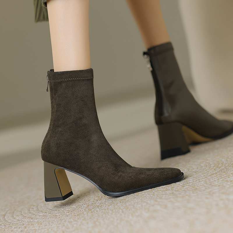 Krazing Pot Зимние ботинки из флока из микрофибры с квадратным носком, эластичные ботинки без шнуровки на высоком толстом каблуке, женские ботильоны