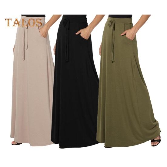 Женская макси-юбка с регулируемой завязкой, высокой талией, однотонная длинная юбка с карманами, повседневная рабочая юбка