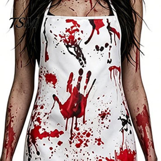 Scary Halloween Costume for Women Blood Print Women, Apron, Hooded Horror Cosplay Outfit Cloak, Stockings Outfits Parties, Haunted House Events