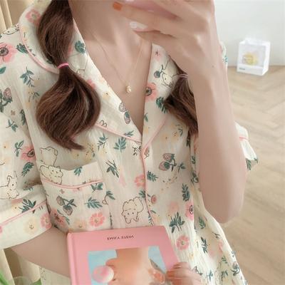 Женская пижама, летняя, с коротким рукавом, комплект одежды для сна с рисунком милого кролика, пижама для женщин с оборками, домашний комплект одежды для сна, кардиган