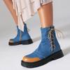 2024 Осень Повседневный Деним Ботильоны с Перекрестными Ремнями Женские Сращивание Молния Боковая Толстая Подошва Средний Каблук Толстая Подошва Повседневная Женская Обувь