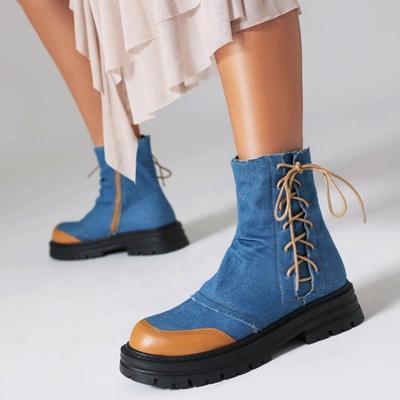 2024 Осень Повседневный Деним Ботильоны с Перекрестными Ремнями Женские Сращивание Молния Боковая Толстая Подошва Средний Каблук Толстая Подошва Повседневная Женская Обувь