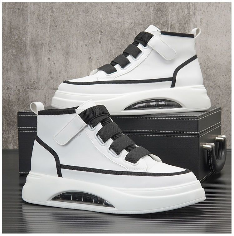 Men's shoes spring and summer new high-top board shoes trendy versatile Velcro platform men's shoes white shoes leather waterproof shoes