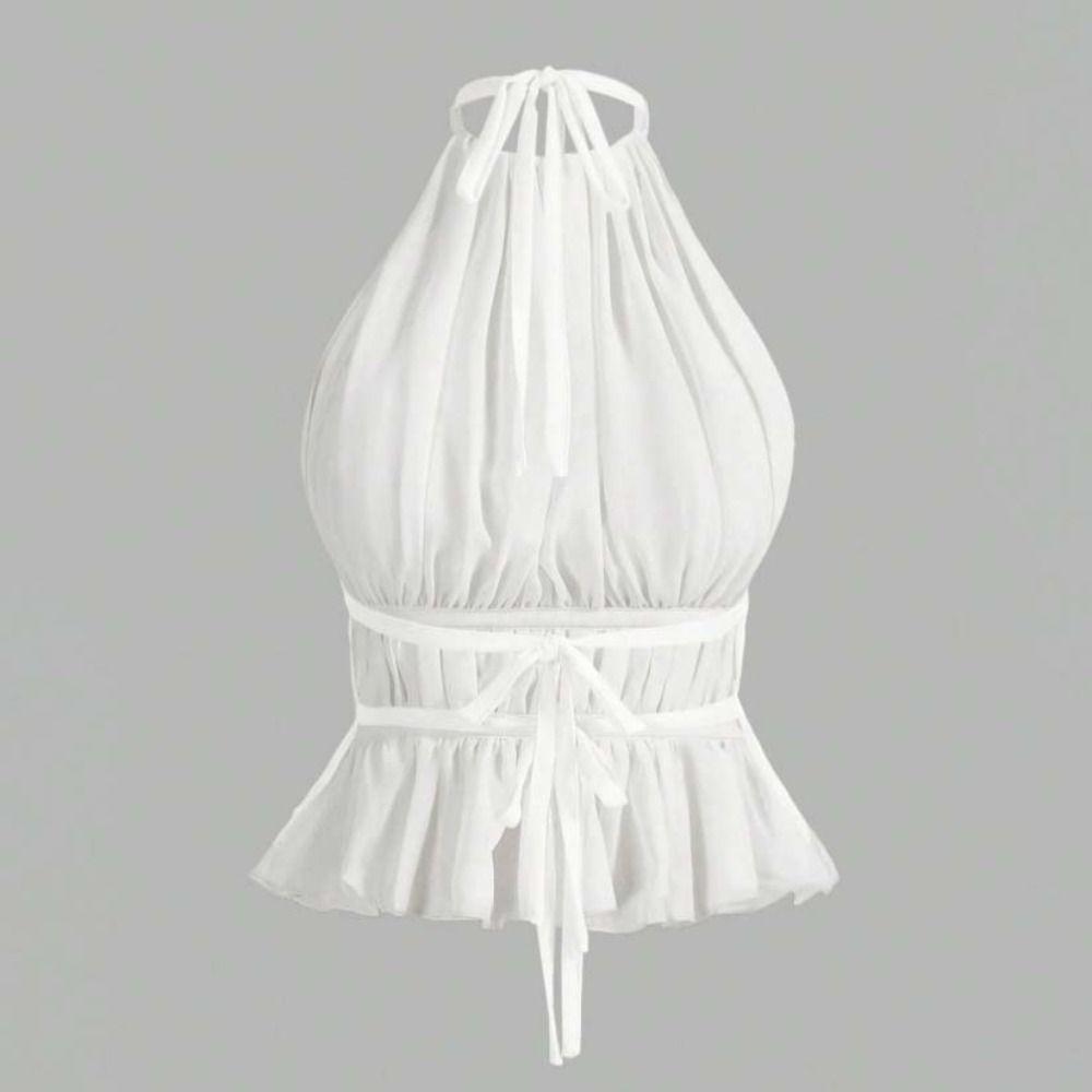 Sleeveless Chiffon Vest Tops Pleated Women's Crop Top Ins Style Lace-up Camisole  Beach