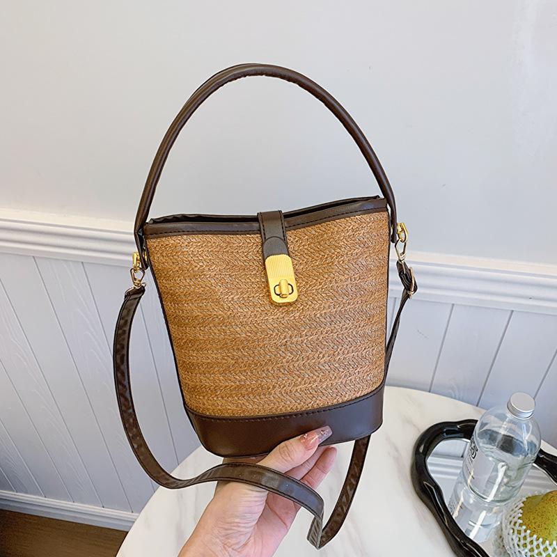 Fashionable Hand-woven Bag for Women's New High-end Textured Straw Woven Bag One-shoulder Crossbody Bag Casual Bucket Bag