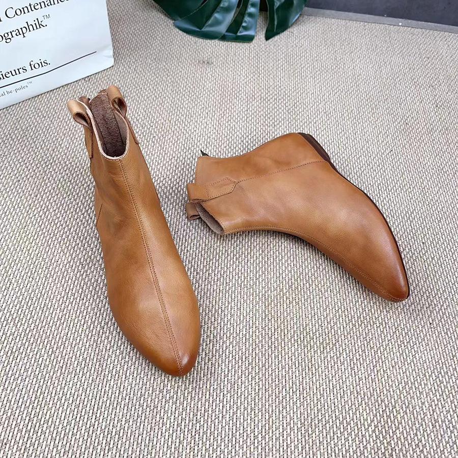 Johnature Женские полусапоги в стиле ретро, ​​однотонные туфли из натуральной кожи, ботильоны ручной работы с круглым носком на молнии сзади