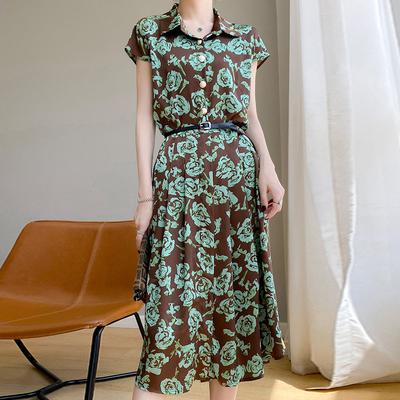 Платье-рубашка поло с французским воротником и короткими рукавами для женщин, с цветочным принтом цвета чернил, приталенного кроя и юбкой с большим подолом, из ацетатного шелка, миди-юбка